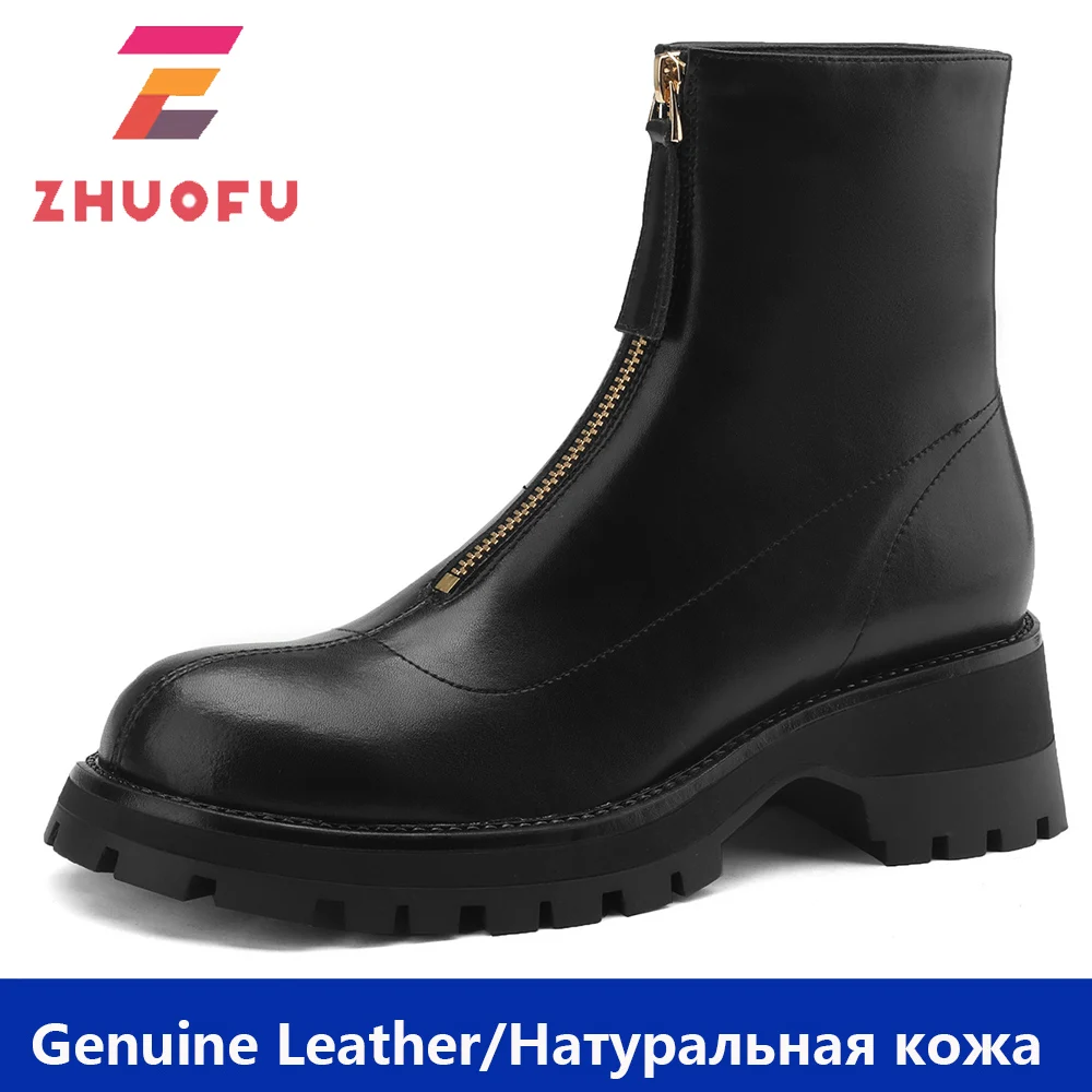

ZHUOFU Women Ankle Boots Fashion Front Zipper Round Toe Platforms Thick Heels Genuine Leather Shoes Woman Autumn Winter Casual