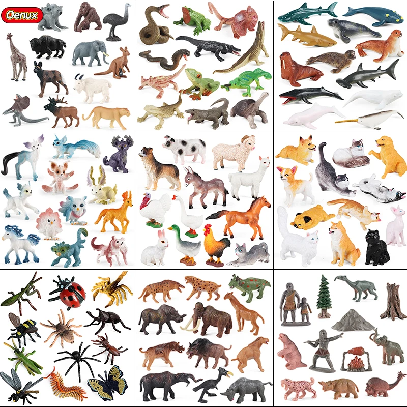 Oenux Zoo Animals Action Figures Set Poultry Cat Dog Rabbit Horse Ocean Shark Whale Model School Project Kids Education Gift Toy