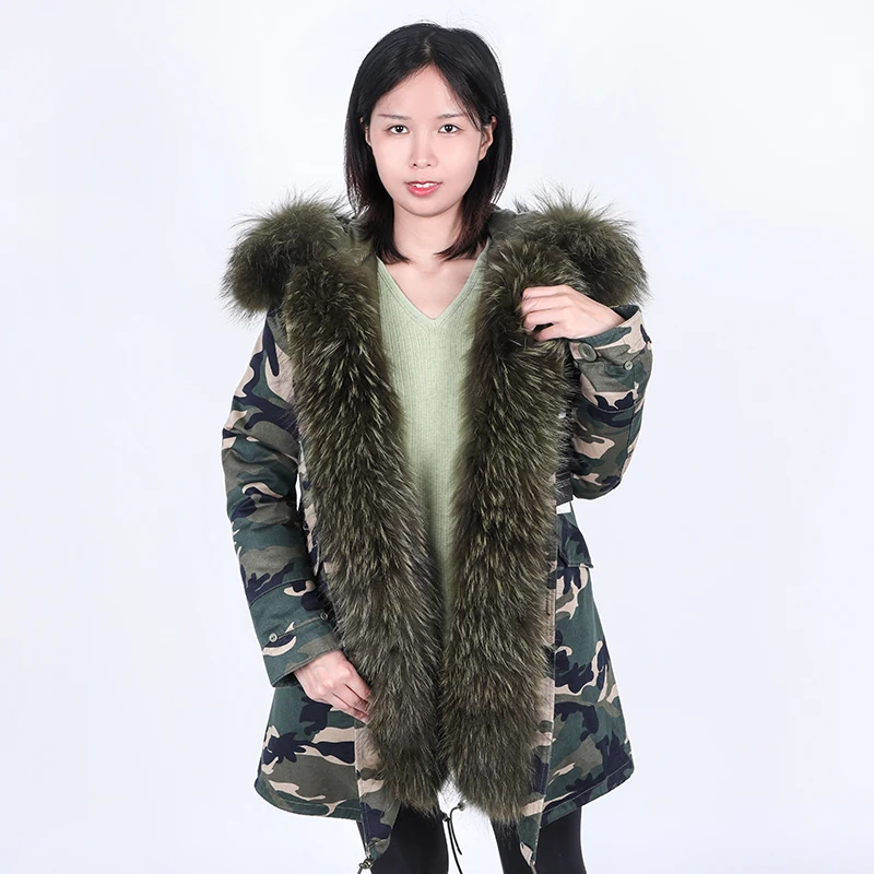 

MAOMAOKONG women's winter coat Natural raccoon fur big fur collar detachable down liner warm jacket long Camouflage parkas