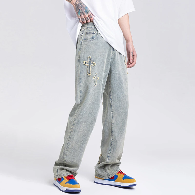 Four Seasons Men's Jeans Hip Hop Street Style Harajuku Retro Cross Jeans Cotton Casual Jogging Jeans Harem Pants Trousers Blue