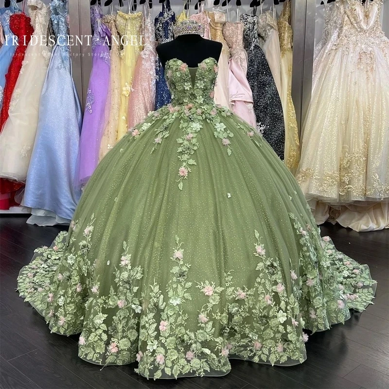 

IRIDESCENT Ball Gown Green Sweetheart Quinceanera Dresses Beads Sexy 3D Flower Brithday Dance Party Vestidos De Quinceañera