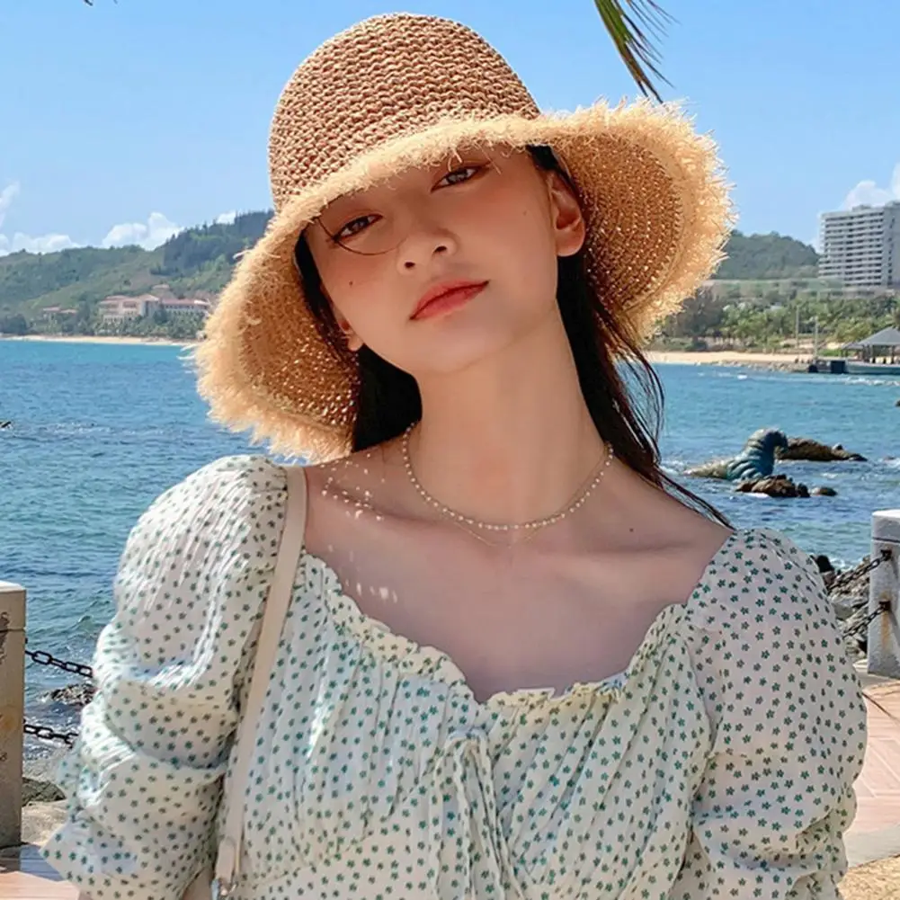 

Women Straw Sun Hat Wide Brim Foldable Bucket Hat Sun Protection Summer Beach Hat Fashion Woven Straw Hat For Outdoor Travel
