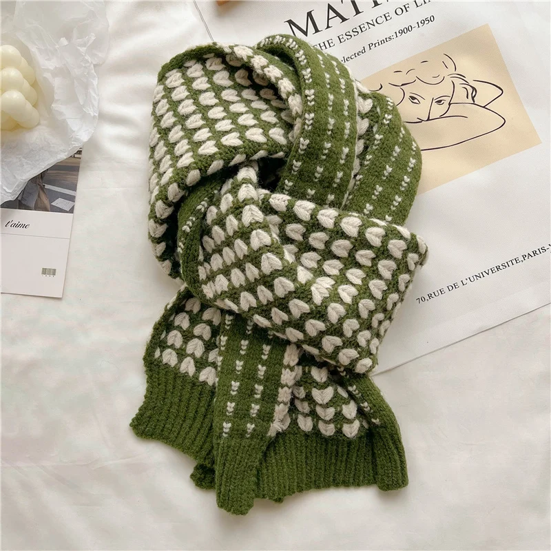

2022 Cotton Knitted Heart Women Scarf Thick Warm Winter Neckerchief Korean Styles Soft Woolen Yarn Elastic Foulard Bufanda Stole