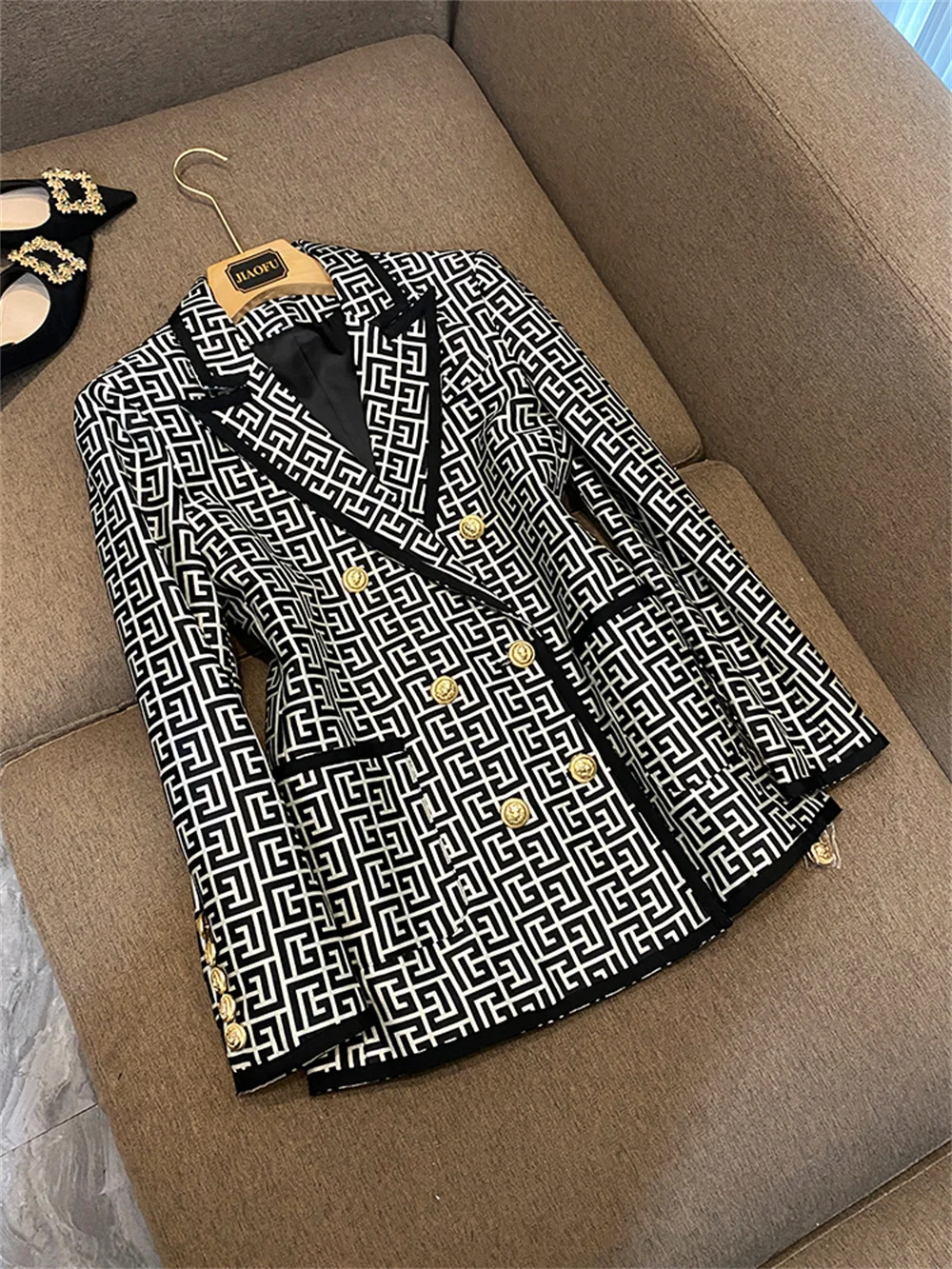 Vintage Jacket for Women Newest 2023 Trimmed Double Breasted Geometric Jacquard Coat Office Ladies Business Formal Blazers