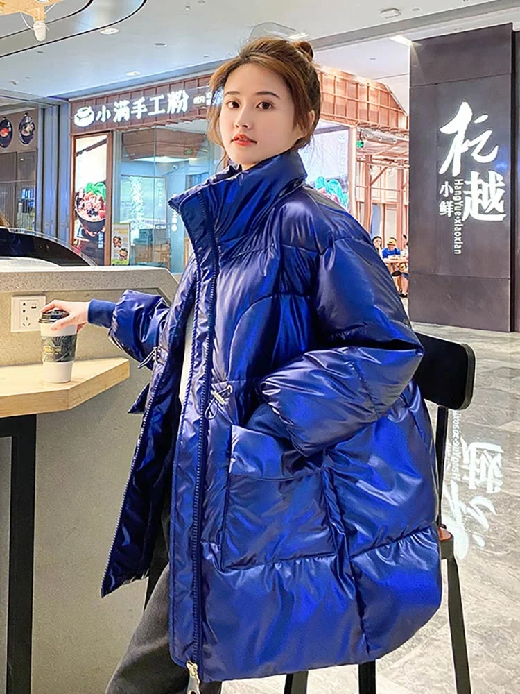 2022 Women Winter Long Jacket Parkas Bright Shiny Stand Collar Warm Thicken Padded Female Coat Korean Casual Clothes