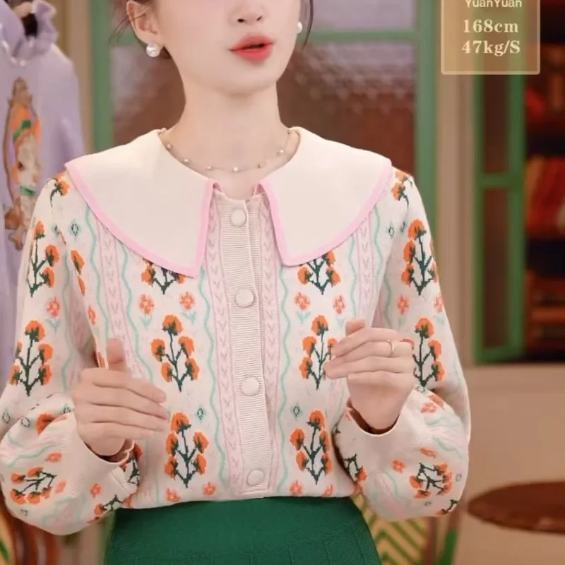 Осень и зима новый кукольный воротник милый вязаный свитер кардиган цветок