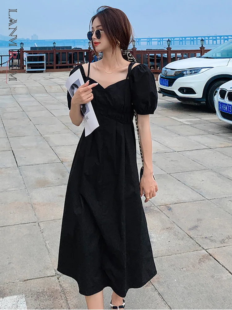 

LANMREM платья без бретелек с открытыми плечами с v-образным вырезом пуловер с пышными рукавами однотонная трапециевидная Мода 2022 Летняя женск...