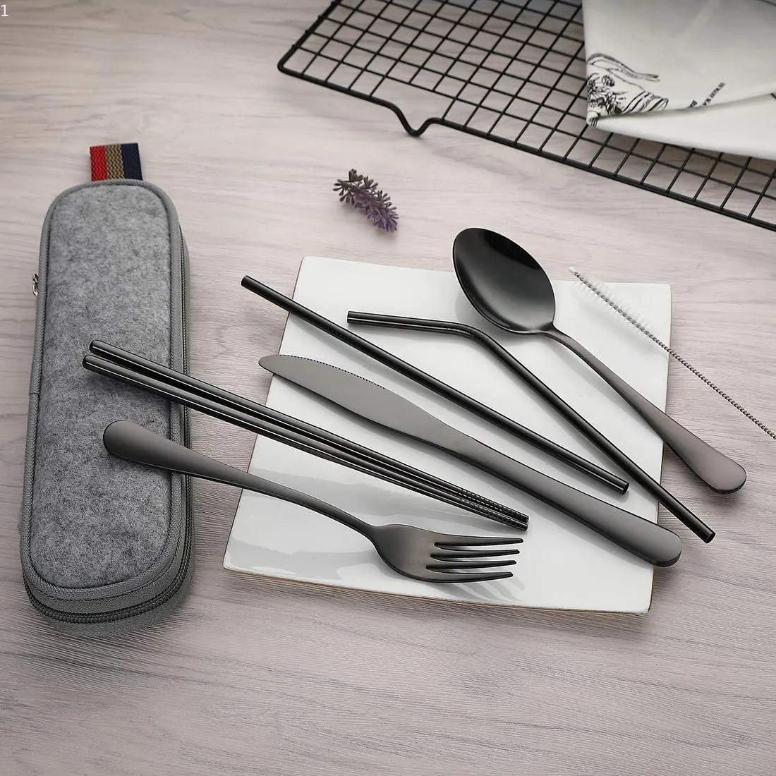 

Set 8-Piece Portable Utensils Travel Camping Cutlery Including Knife Fork Spoon Chopsticks Cleaning Brush Straws Portable Case