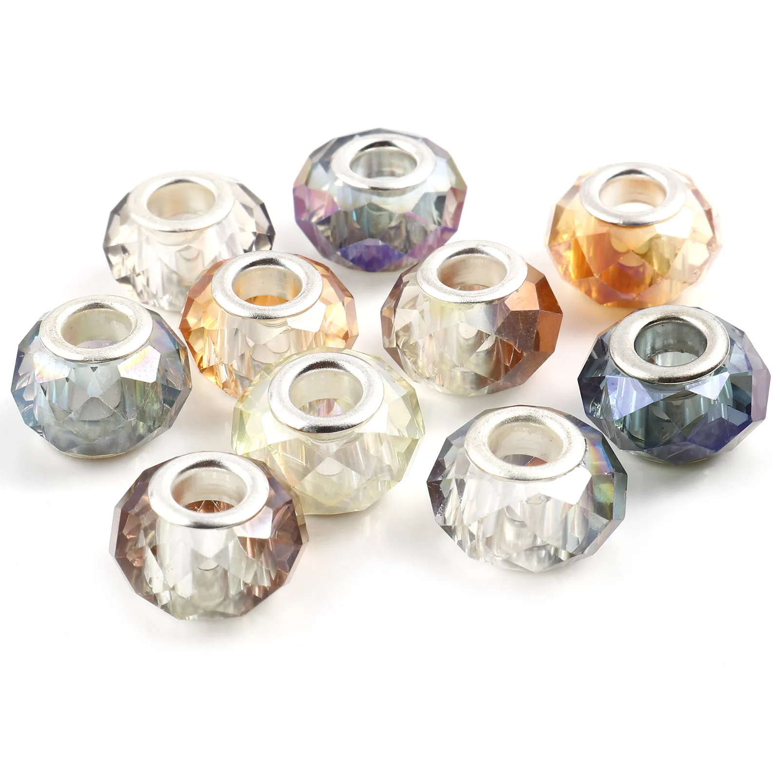 

20 PCs Glass European Style Large Hole Charm Beads Silver Color At Random Color Round Faceted Beads14mm Dia., Hole: Approx 5mm