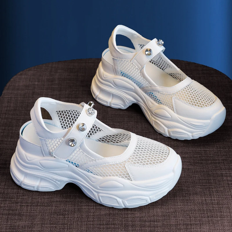 7CM Women Sandals Mesh Rhinestones Comfy Platform 2023 Soft Women Lightweight Casual Beach Summer Sandals Outdoor Female Sandals