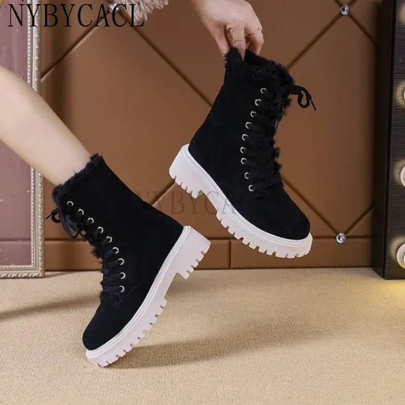 Autumn New Thick Sole Platform Chelsea Boots Women Rice White Suede Lace Up Mid Calf Short Boots Chunky Flat Heel Knight Boots
