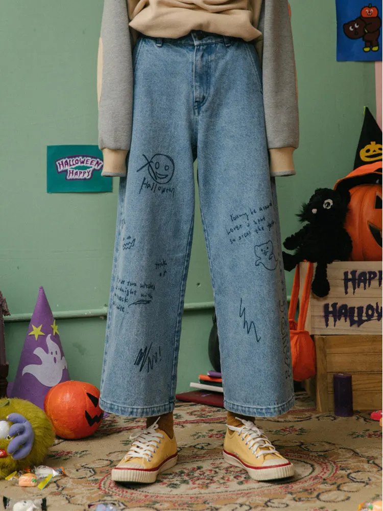 

2022 Streetwear Hip Hop Graffiti Print Wash Jeans Women Y2k Grunge Denim Straight Pants Korean Fashion High Waist Baggy Trousers