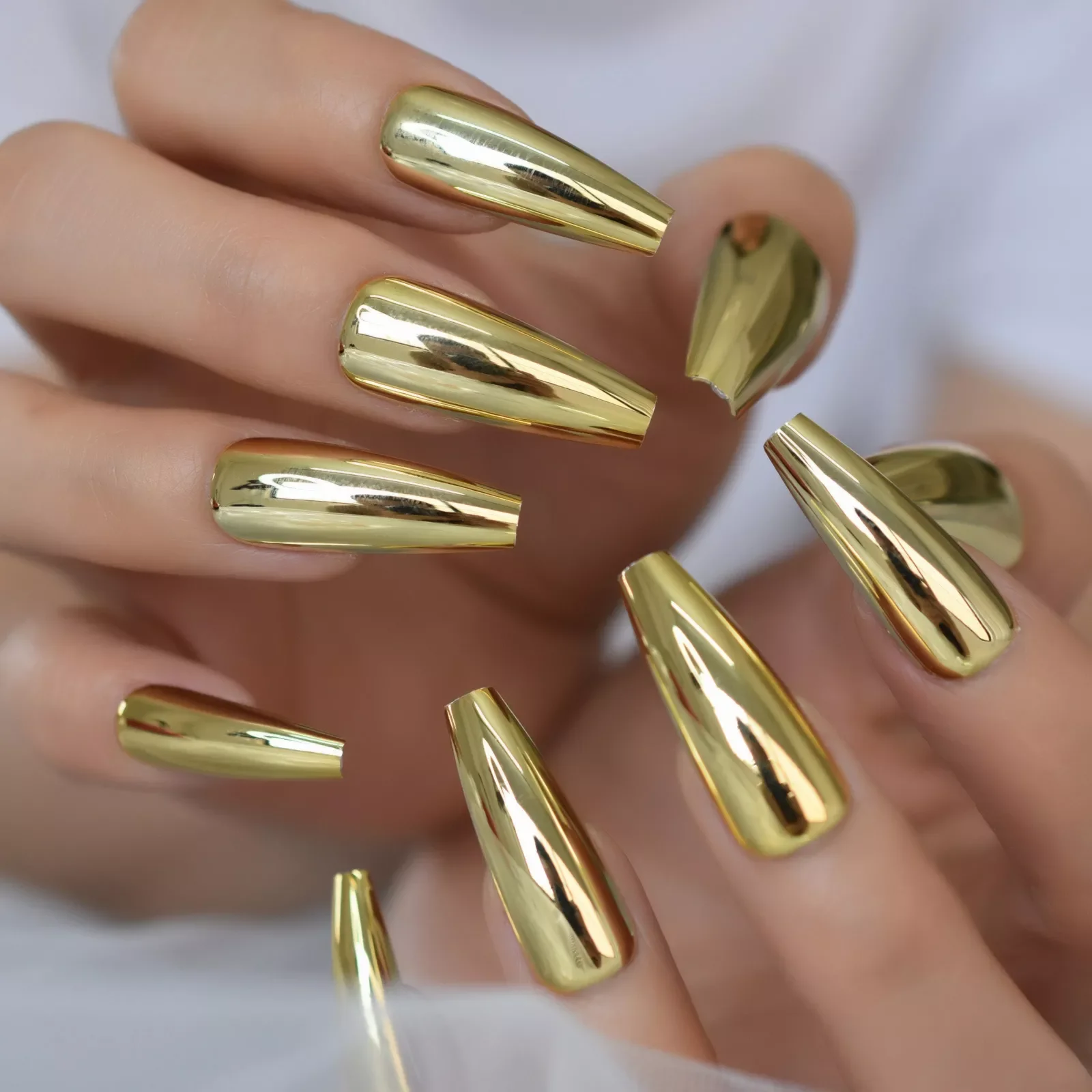 

NEW IN Coffin Nail Tips False Nails Long Ballerina Gold Mirror Fake Nails Press On Full Set For Fingernail Decorations