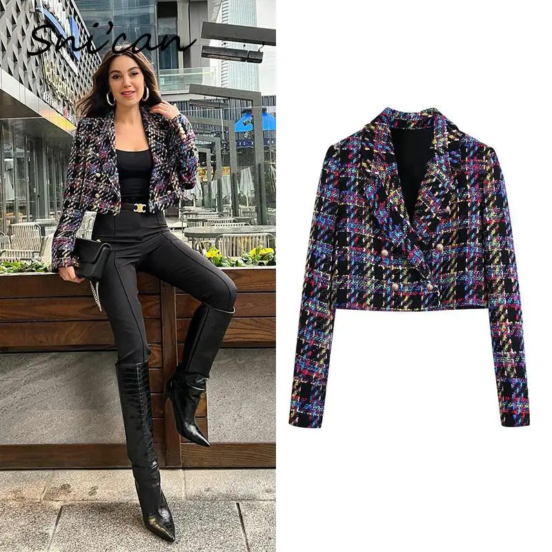 

ZA Purple Tweed Plaid Jacket Coat Autumn Spring Fashion Office Ladies Sexy Crop Blazer Mujer 2022 Surchemise Femme Carreaux New