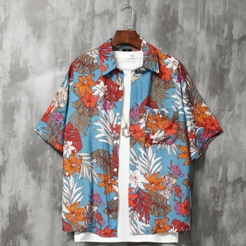 

Short sleeved flower shirt men women ropa hombre foreign style couple's clothes trendy port style retro loose thin shirts summer