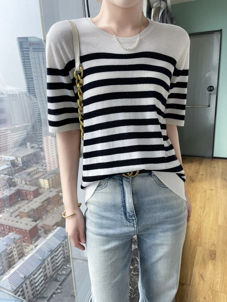 Полосатый цвет круглый вырез весна и лето новинка 80 шт. камвольная 00 из чистой