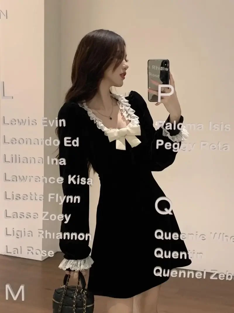 Винтажное черное платье женское весеннее с длинным рукавом шикарное вечернее