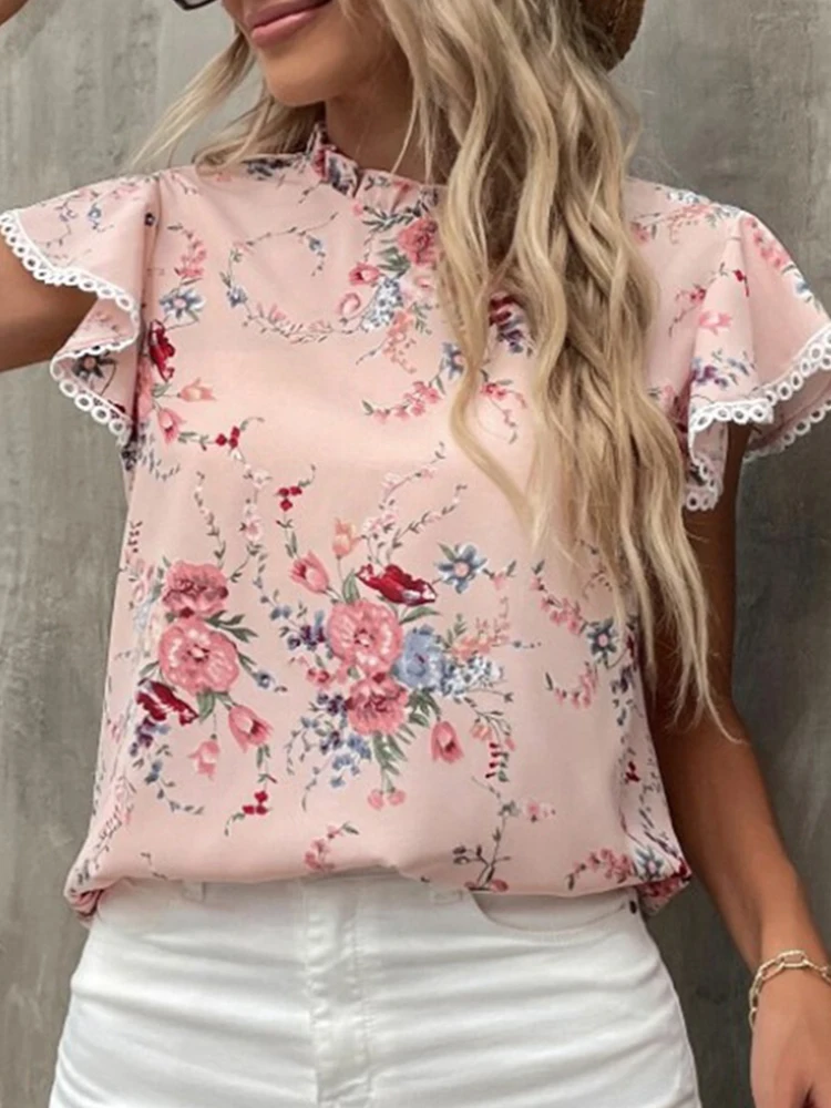 

2022 Sexy Summer Short Sleeve Women Blusas Ladies Commuter Lace Ruffle Blouses Shirts Vintage Chic Floral Print Slim Office Tops