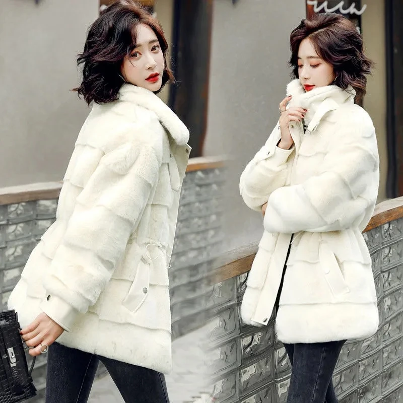 Winter Female Thicken Warm Faux Fur Coat Women Casual clothes Mink Stand-up Collar Overcoat Fluffy Cozy Outerwear rabbit