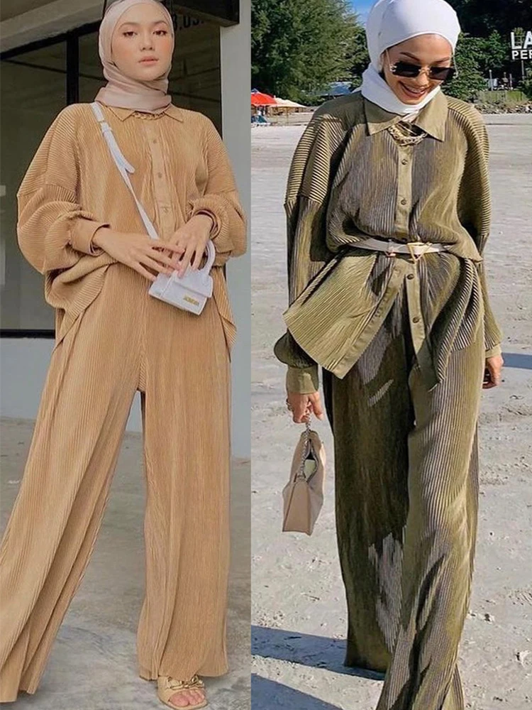 

Muslim Sets Women 2 Piece Set Eid Mubarak Pleated Abaya Turkey Islam Abayas Robe Ete Kaftan Party Ramadan Dubai Arab Blouse 2022