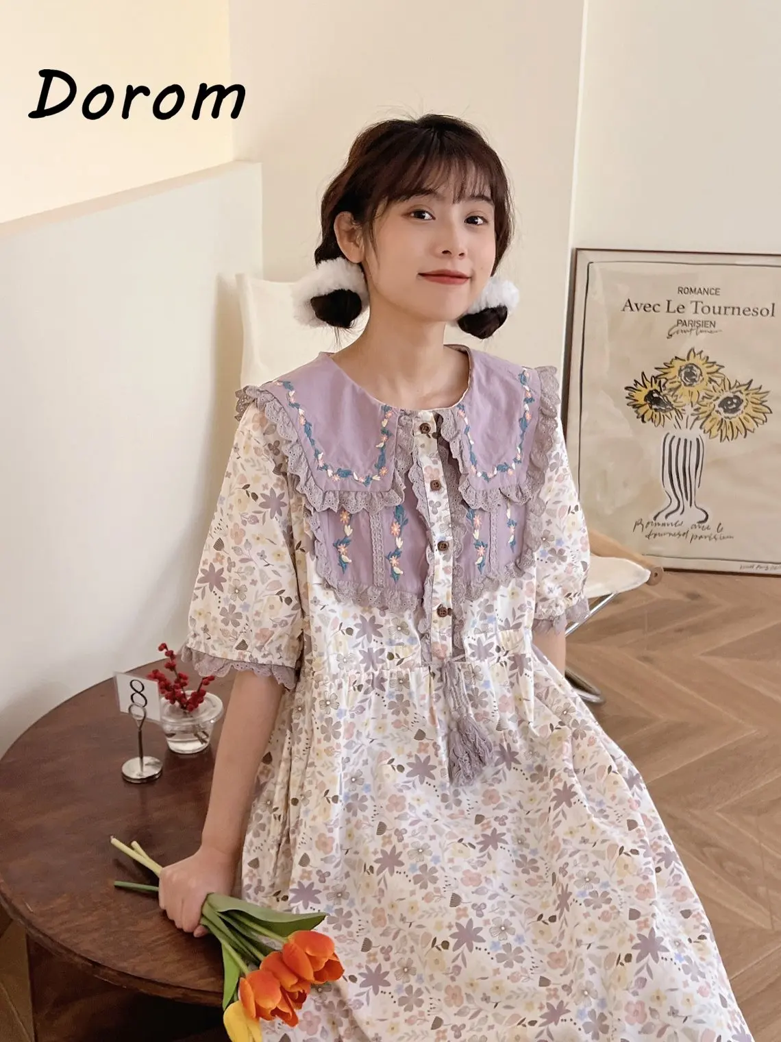

Винтажное милое женское платье с цветочной вышивкой, летнее корейское элегантное платье миди в стиле Питер Пэн, Лолита, повседневное женско...