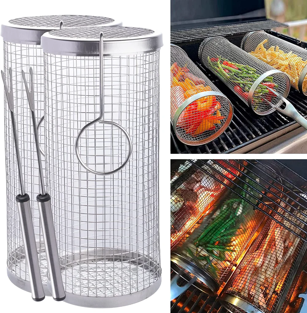 

Round For Vegetables Barbecue Camping Cylinder Rolling Steel Grill Basket Net Mesh Stainless Rack Grilling Fries Tube