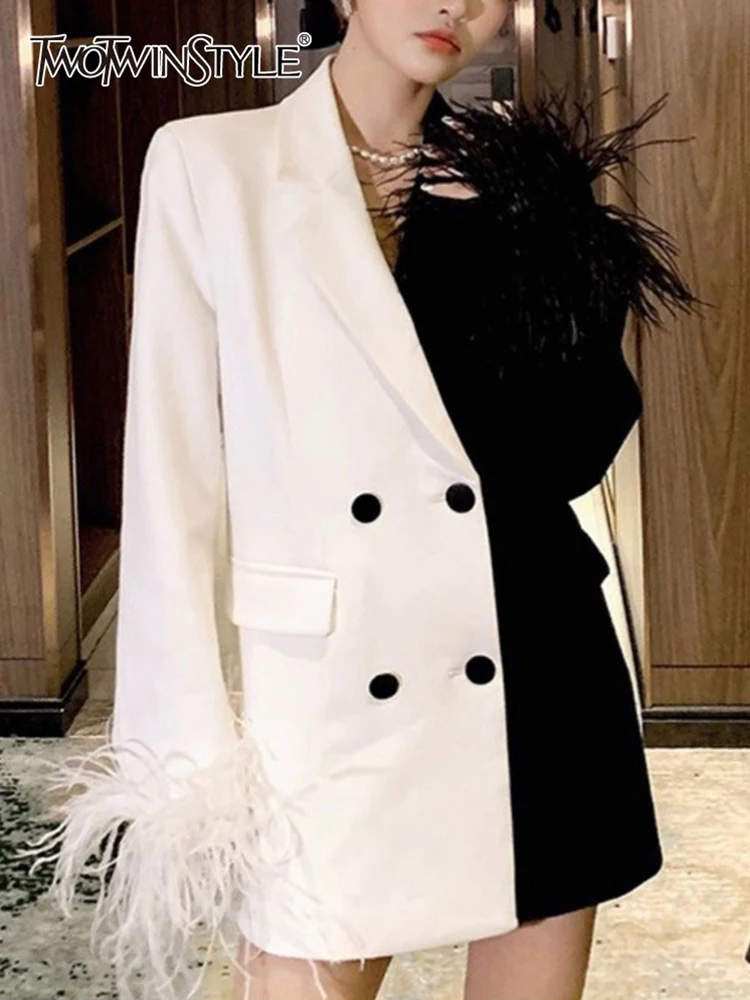 

Женский блейзер с перьями TWOTWINSTYLE, белый блейзер составного кроя с отложным воротником и длинными рукавами, на пуговицах, 2019