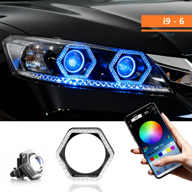 Фото 1/2 шт. 5D RGB светодиодные кольцевые фары Angel Eyes с функцией поворотников, управлением через приложение по Bluetooth, для мотоциклов и автомобилей (DRL) №1