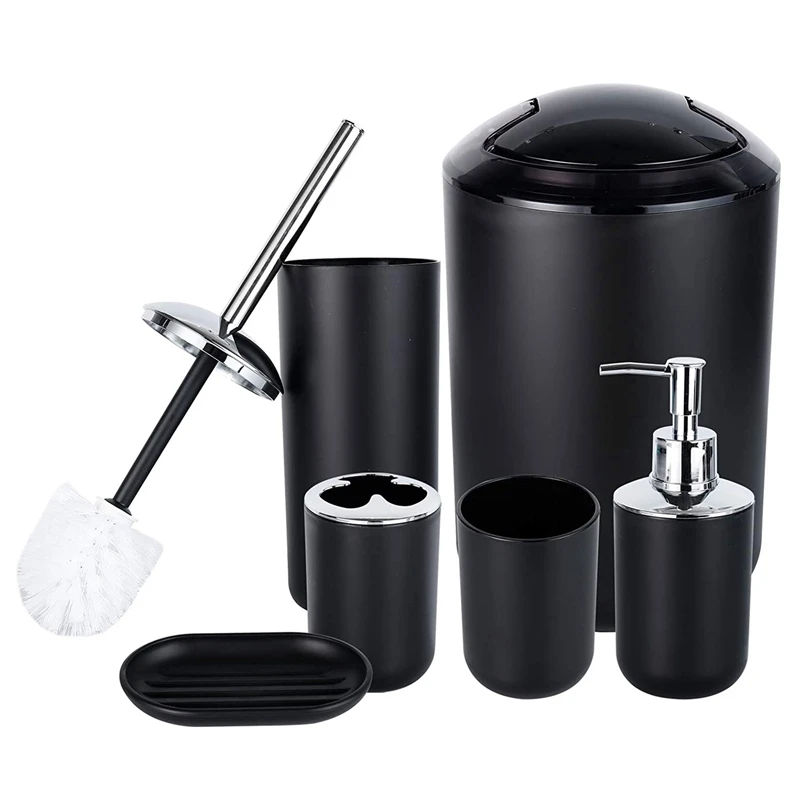 

Bathroom Accessories Set Of 6,With Toothbrush Holder,Toothbrush Cup,Soap Dispenser,Soap Dish,Toilet Brush Holder Black