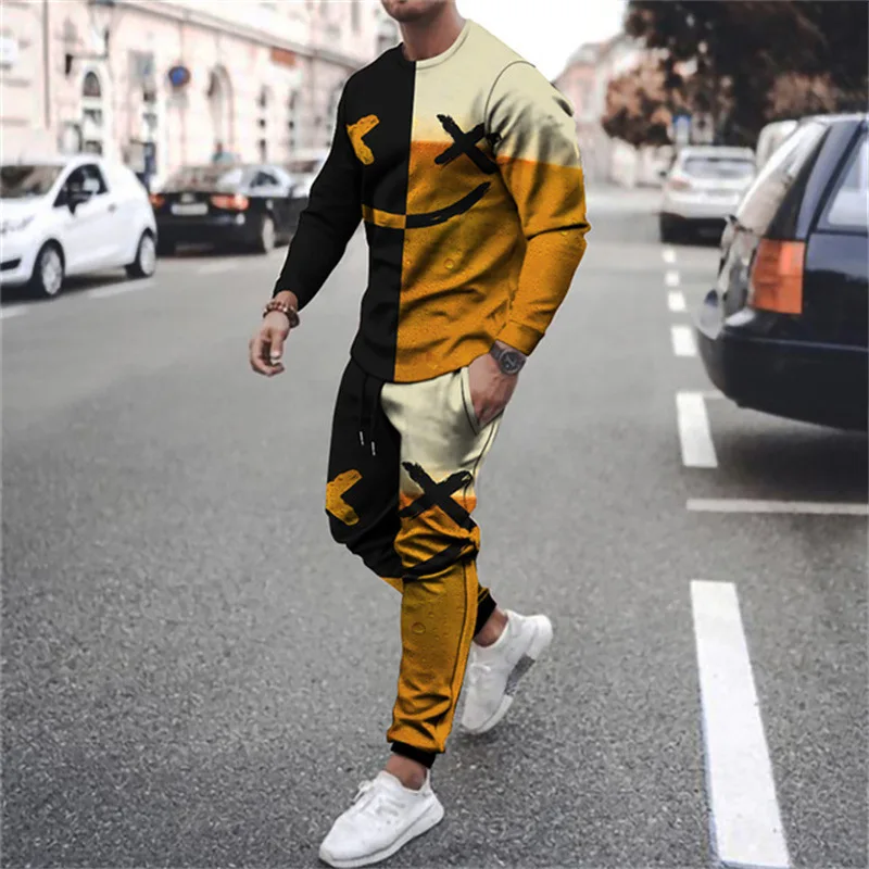 Tracksuit Set Men Long Sleeve T-shirt 2-Piece Street 3D Funny Expression Print Casual Oversized Short Pant Set