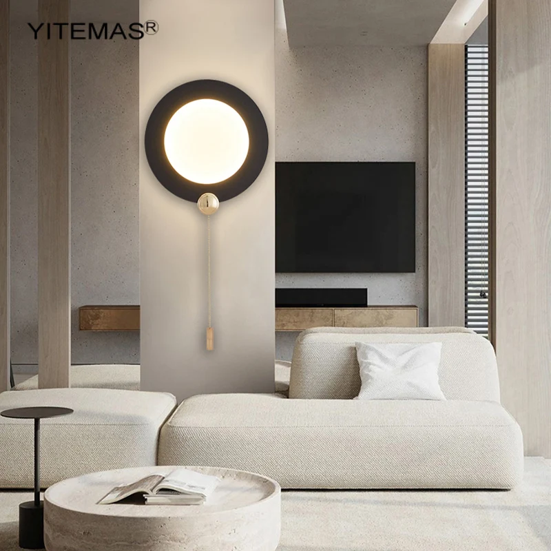 Уникальная круглая настенная лампа с выключателем-тягой зеленого/оранжевого/черного цвета на ночном столике в спальне с 3-мя температурами золотого света и 8 Вт.