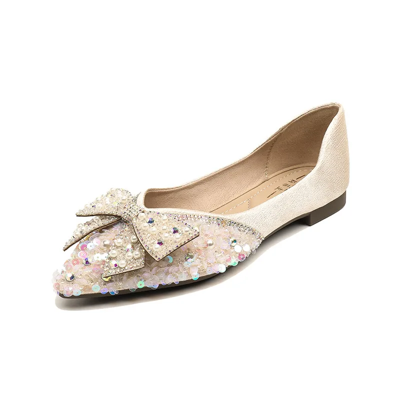 

Plus Size 35-43 Women Pointed Toe Flats Bling Diamond Bowknot Wedding Shoes Fashion Ballet Flat Shoes Sweet Girl Ladies Shoes