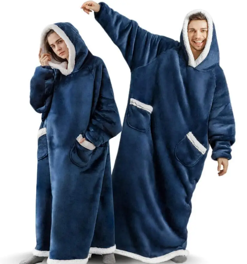 

Winter Super Long Flannel Blanket with Sleeves Coral Fleece Hooded Blanket Adults Sofa Thick Warm TV Fleece Blanket Sweatshirt