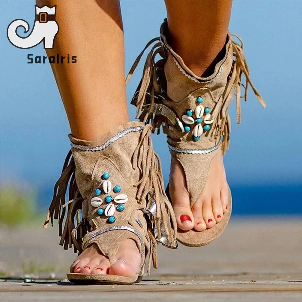 Hot Fashion Western Vintage 2023 Summer Ethic Embroidery Sandals Boot For Women Faux Suede Buckle Fringe Boot Walking Comfy