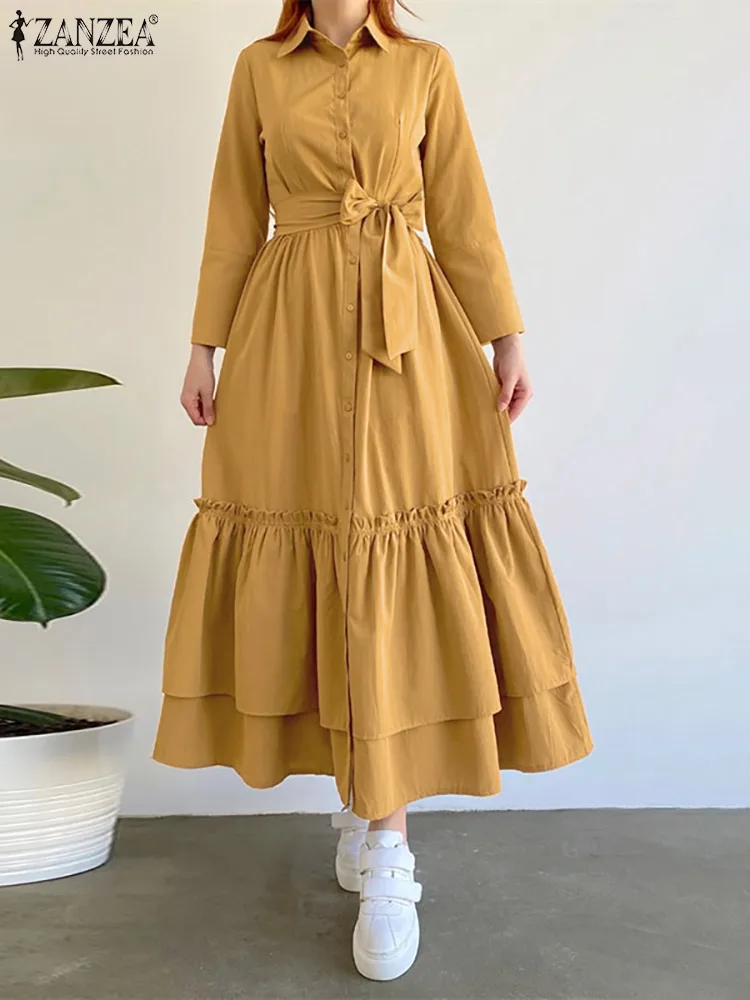 

Модное многослойное платье ZANZEA с оборками на подоле, женское однотонное платье-рубашка, повседневное женское платье с поясом на талии 2023