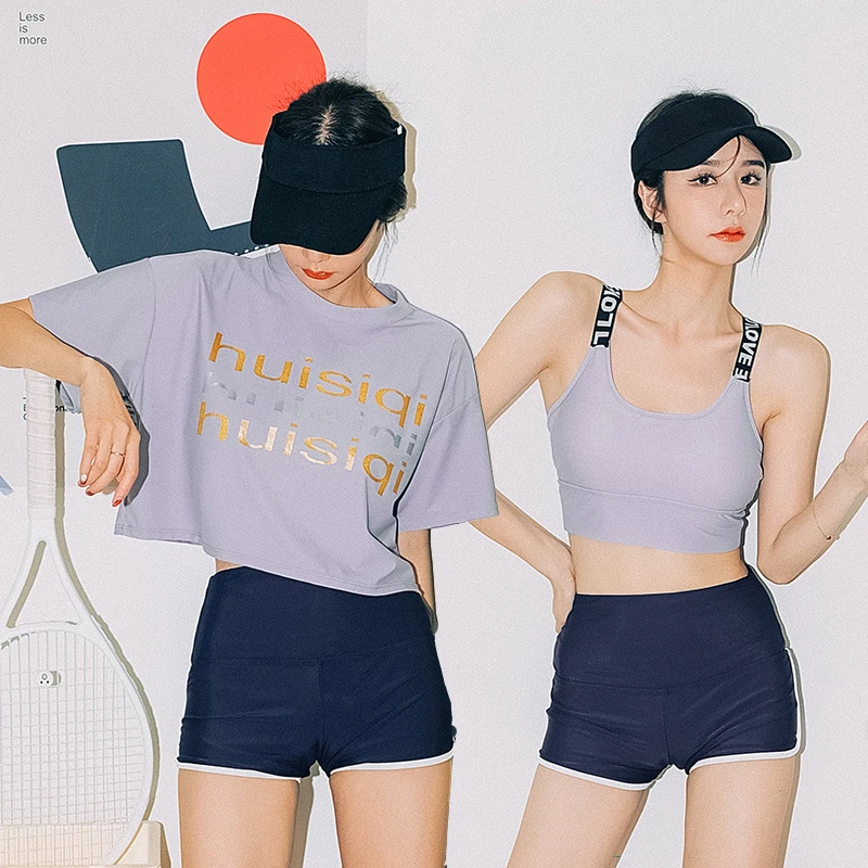 

3 Pieces Swimsuit Women Short Sleeve Solid Push Up Swimwear Bathing Suit Swimming Beachwear Shorts Sport Bikini