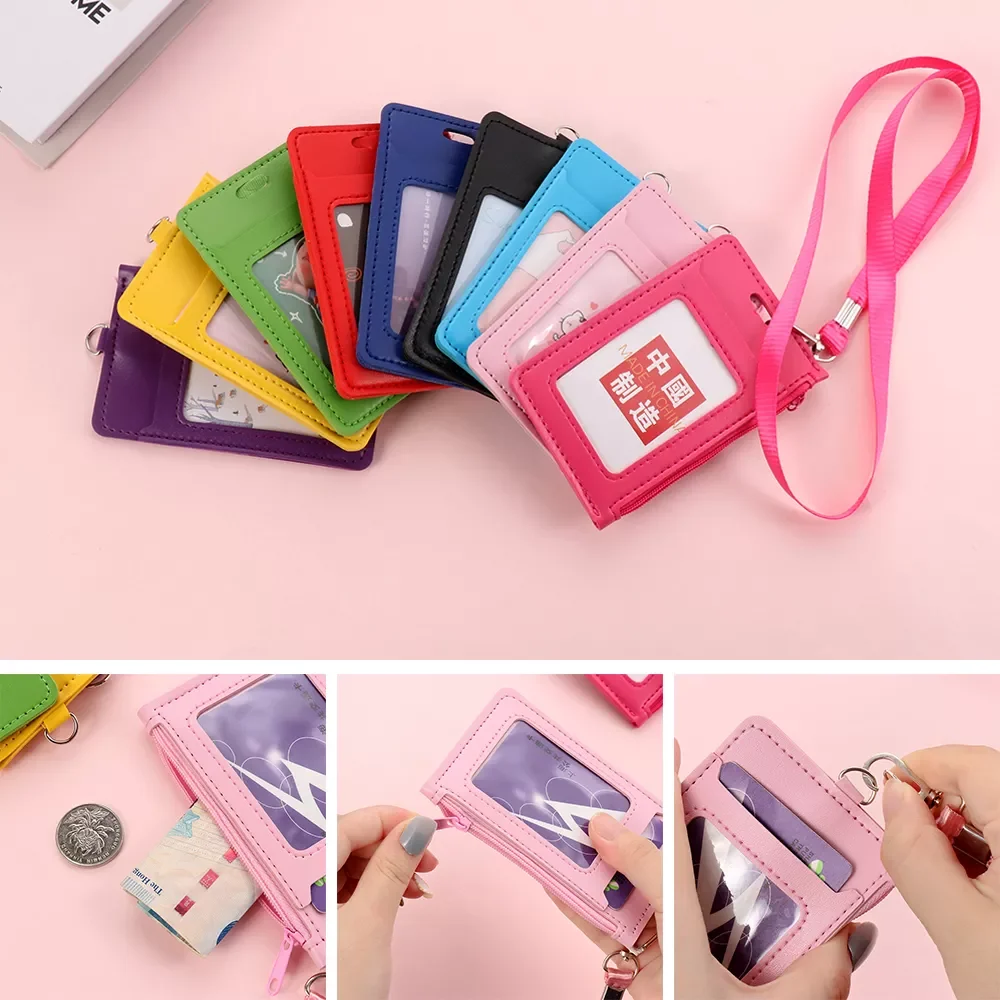 Badge Card Holder With Lanyard PU Leather Business Card Case Cover School Office Supplies Student Card Meal Card Case Pocket