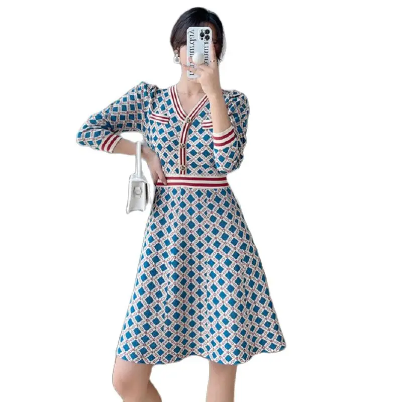 

Wisher&Tong Elegant Women Sweates Dress V-neck Long Sleeve Vintage Plaid Knitted Dress Female One Piece Korean Knit Dress 2022