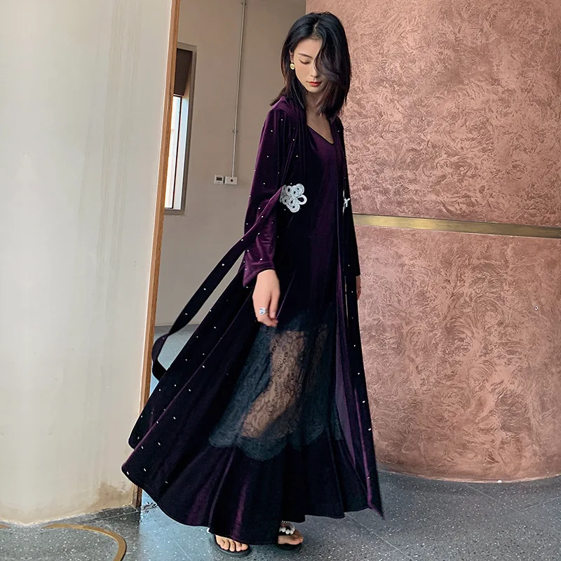 

Waist Velvet Nightgown Lace Suspenders Long Skirt Pajamas Long-Sleeved Women's Bathrobe Luxury Home Clothes Can Be Worn Outside