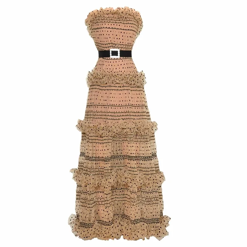 

Dresses For Women 2023 Runway Luxury Brand Elegant Summer Dot Mesh Slash Neck Crystal Belt Ruffle Elegant Party Backless Dress