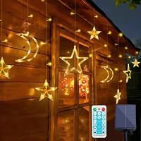 solar star moon string lights outdoor with remote solar curtain lights waterproof decorative fairy lights for garden christmas