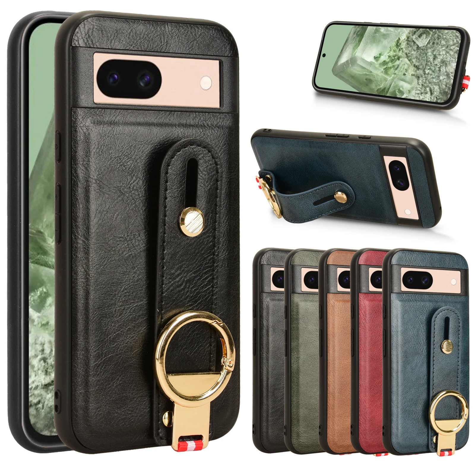 

For Google Pixel 8a New Anti-Shock Business Leather Wristband Cover Case For Google Pixel 8a Non-Slip Protective Case 5G