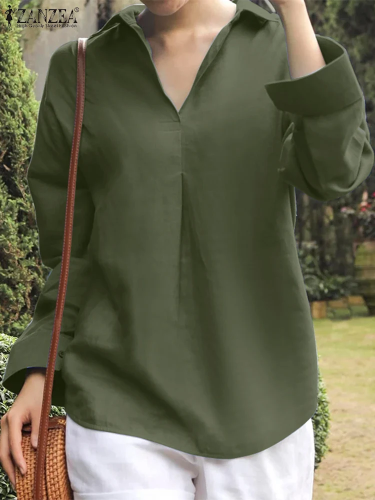 

Элегантные женские блузки, модные офисные деловые топы, осенние Рубашки с длинным рукавом ZANZEA, Повседневная Однотонная рубашка с лацканами,...