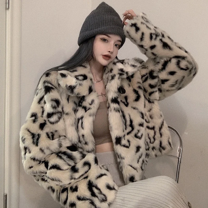 

Retro Hong Kong Style Plush Velvet Leopard Print Puffer Jacket Women's Autumn and Winter Versatile Small Short Faux Rabbit Fur