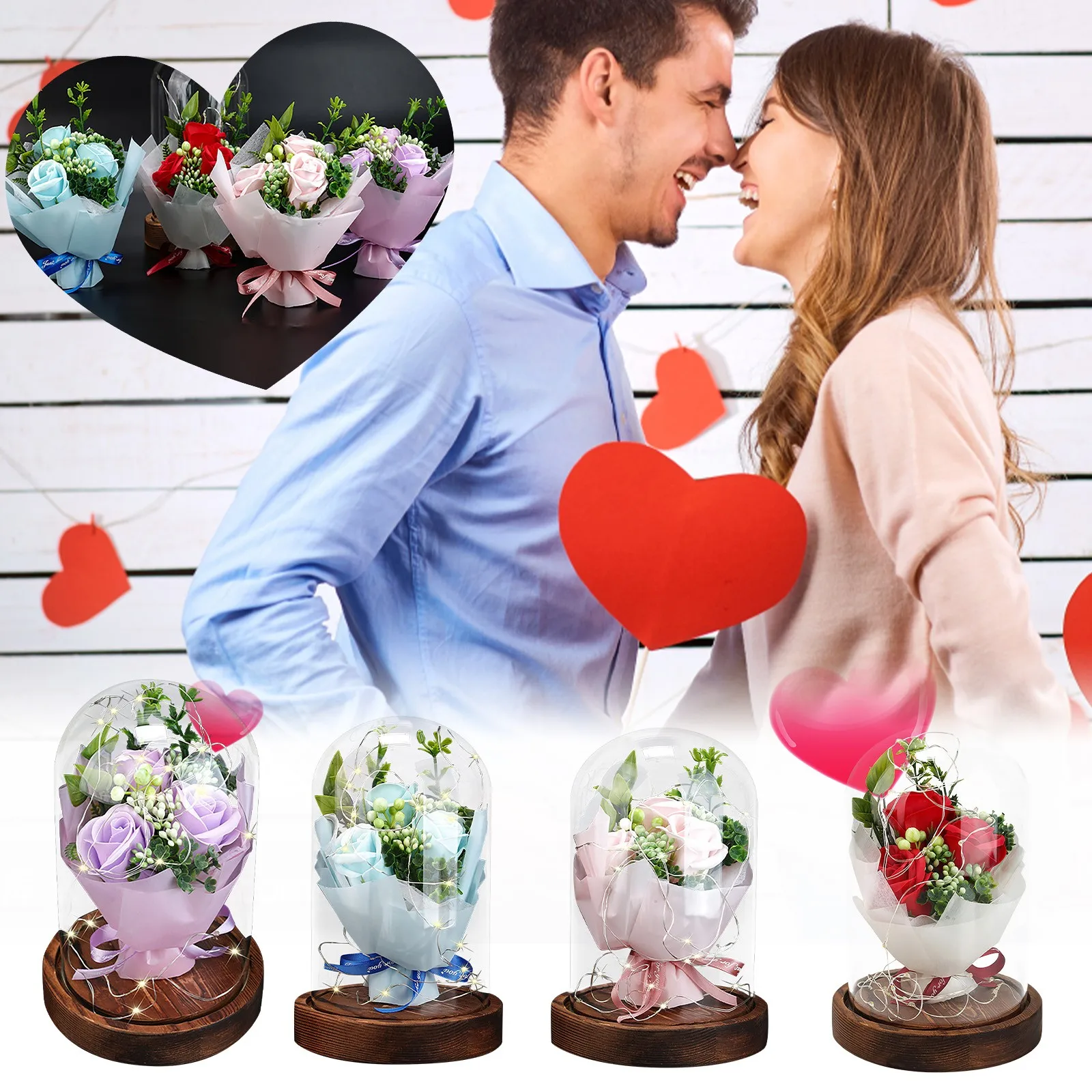 

Creative Plastic Rose Flower LED Light Glass Ornament Valentine's Day Wedding Anniversary Romantic Gifts Desktop Decoration a40