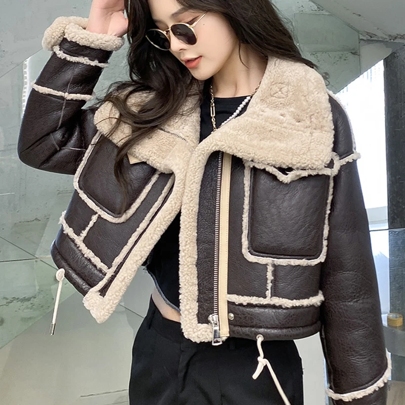 2022 New Lady Leather Jackets Real Lamb Fur Lining Coat Shearing Moto Bomber Jackets Sheepskin Short Overcoat Winter Warm 3659