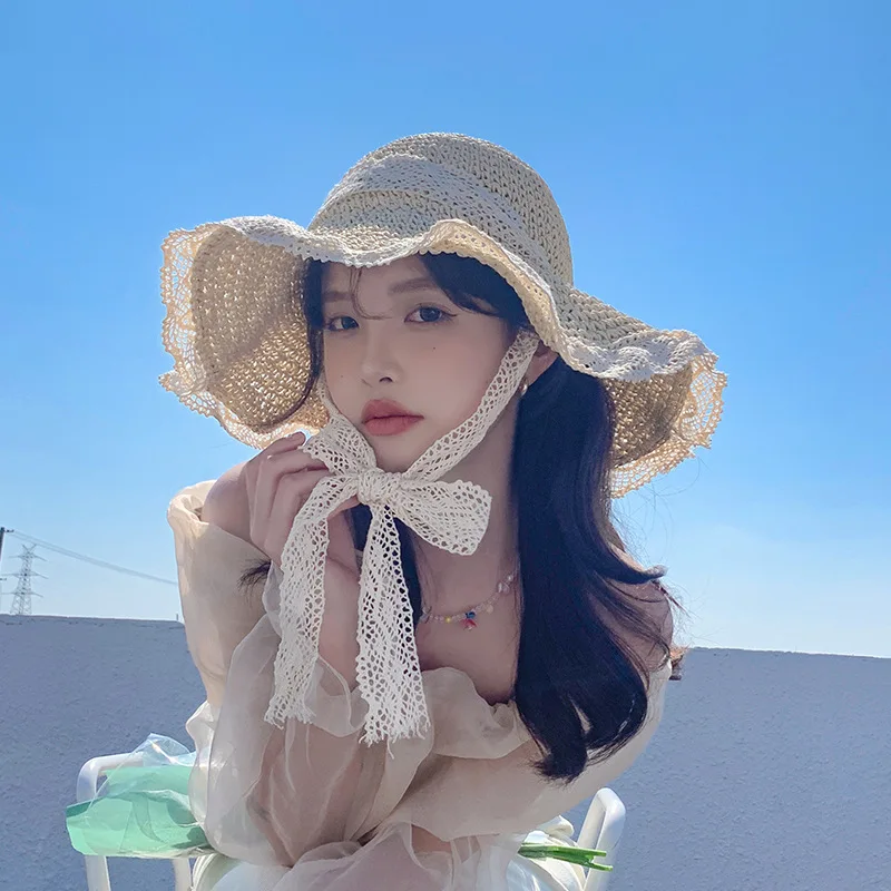 

2023 New Straw Hat Women Korean Lace-up Hollow Straw Fisherman's Cap Spring and Summer Outing Beach Sun Protection Lace Sun Hats
