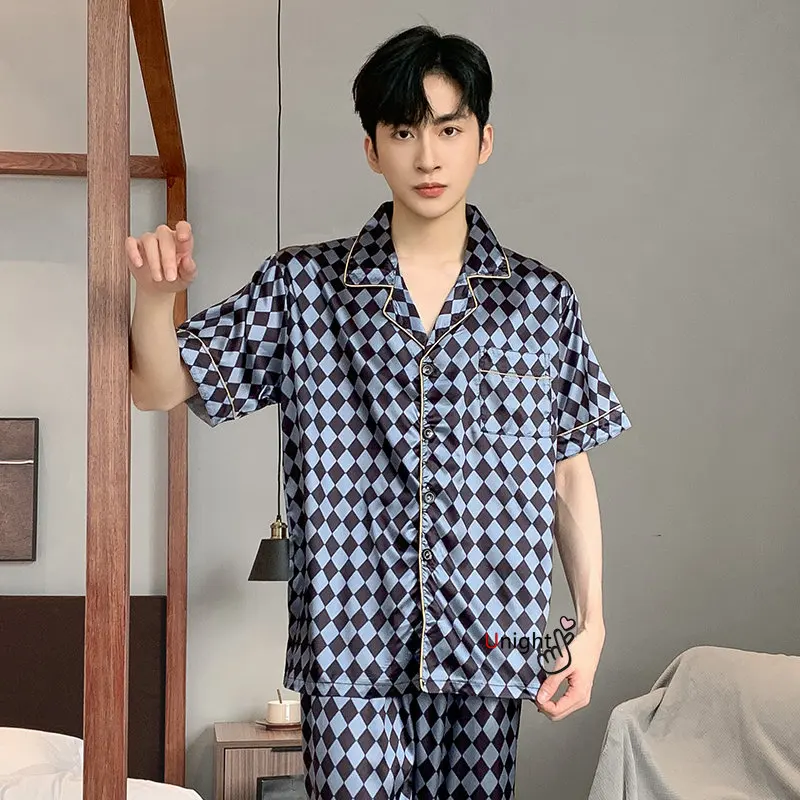 Spring Summer Man Pajama Sets Silk Sleepwear Pajamas for Men Plus Size Home Clothing Pyjamas Suit Home Wear Loungewear Homesuits