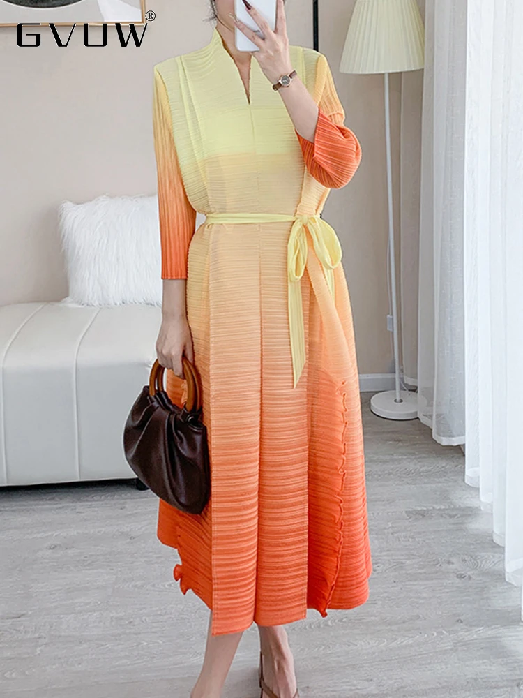 

GVUW 2023 Autumn New Gradient Pleated Dress Women Bandage Lapel Luxury Long Sleeve 2023 Autumn Female Elegant Clothing 17D2944