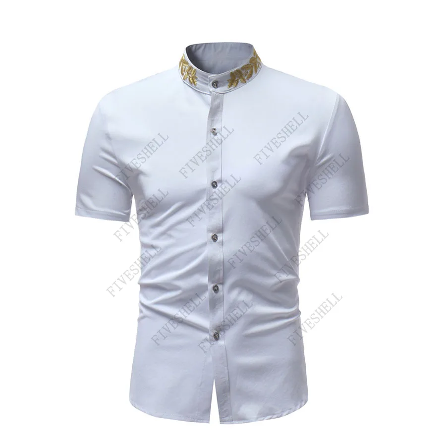 Mens Luxury Gold Embroidery Dress Shirts Slim Fit Short Sleeve Button Up Shirt Men Formal Business Casual Shirt Chemise Homme